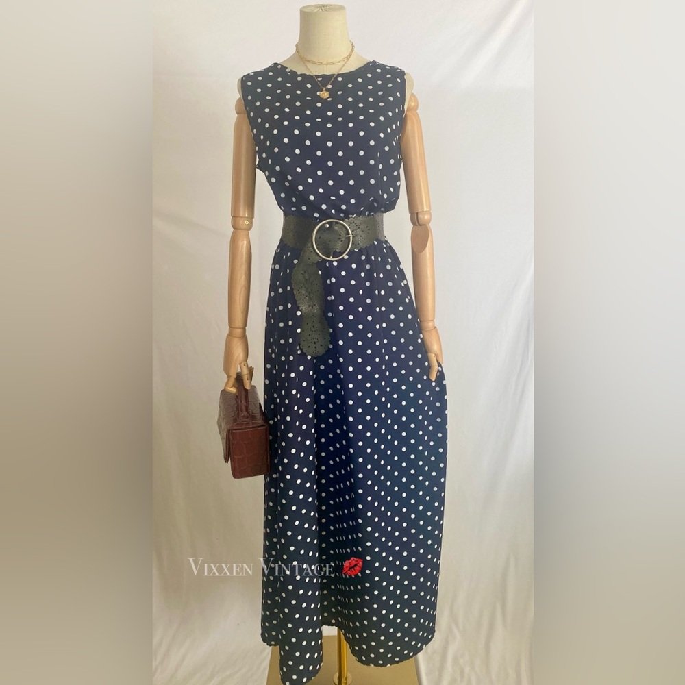 VINTAGE 1980'S ‘PRETTY WOMAN’ SLEEVELESS HIGH NECK POLKA DOT MAXI DRESS - Picture 2 of 6